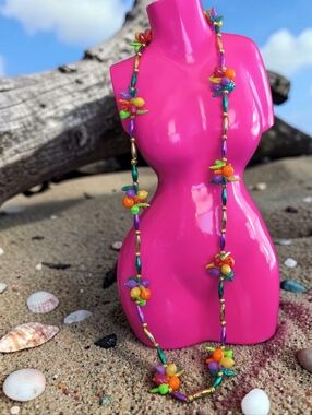 Vtg Colorful Tropical Bead Long Necklace